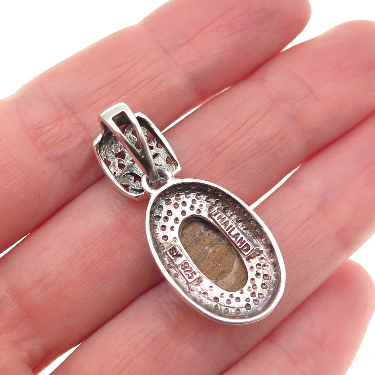 SX Sally C 925 Sterling Silver Vintage Real Tiger Eye Oxidized Charm Pendant