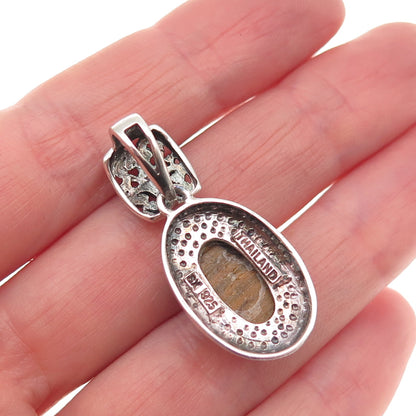 SX Sally C 925 Sterling Silver Vintage Real Tiger Eye Oxidized Charm Pendant