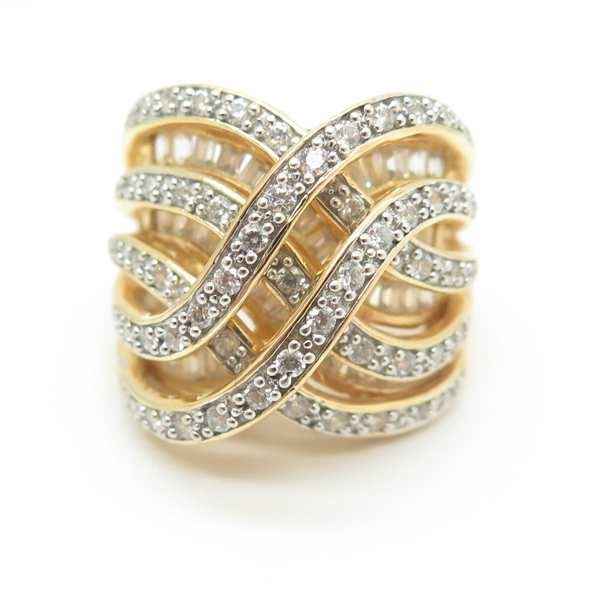 925 Sterling Silver Gold Plated C Z Multi-Row Interlocked Ring Size 6.25