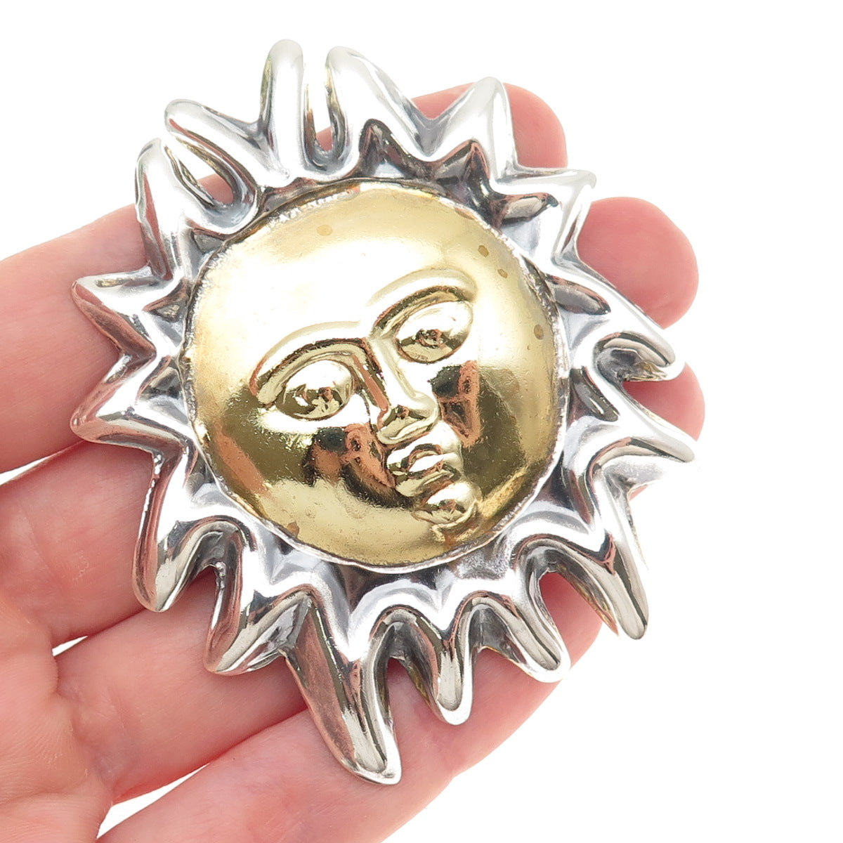 925 Sterling Silver 2-Tone Vintage Mexico Sun Face Pin Brooch