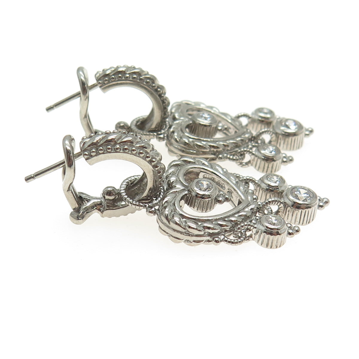 JUDITH RIPKA 925 Sterling Silver Round-Cut C Z Heart Charm Omega Back Earrings