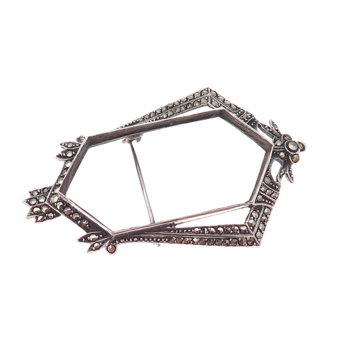 925 Sterling Antique Art Deco Germany Real Marcasite Frame Oxidized Pin Brooch