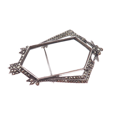 925 Sterling Antique Art Deco Germany Real Marcasite Frame Oxidized Pin Brooch