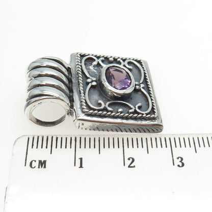 925 Sterling Silver Vintage Real Amethyst Gemstone Ornate Slide Pendant