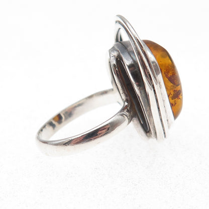 925 Sterling Silver Vintage Real Amber Modernist Calla Lily Ring Size 6.75