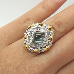 925 Sterling Silver 2-Tone Blue Glass & C Z Statement Ring Size 7