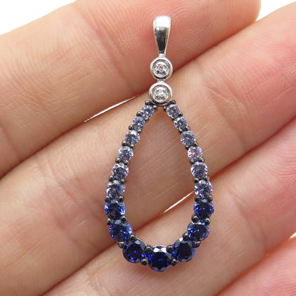 925 Sterling Silver Real Diamond Lab-Created Graduated Sapphire Teardrop Pendant