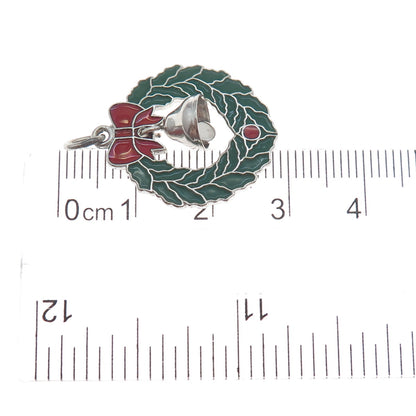 WELLS 925 Sterling Silver Vintage Enamel Christmas Bell & Bow Wreath Pendant