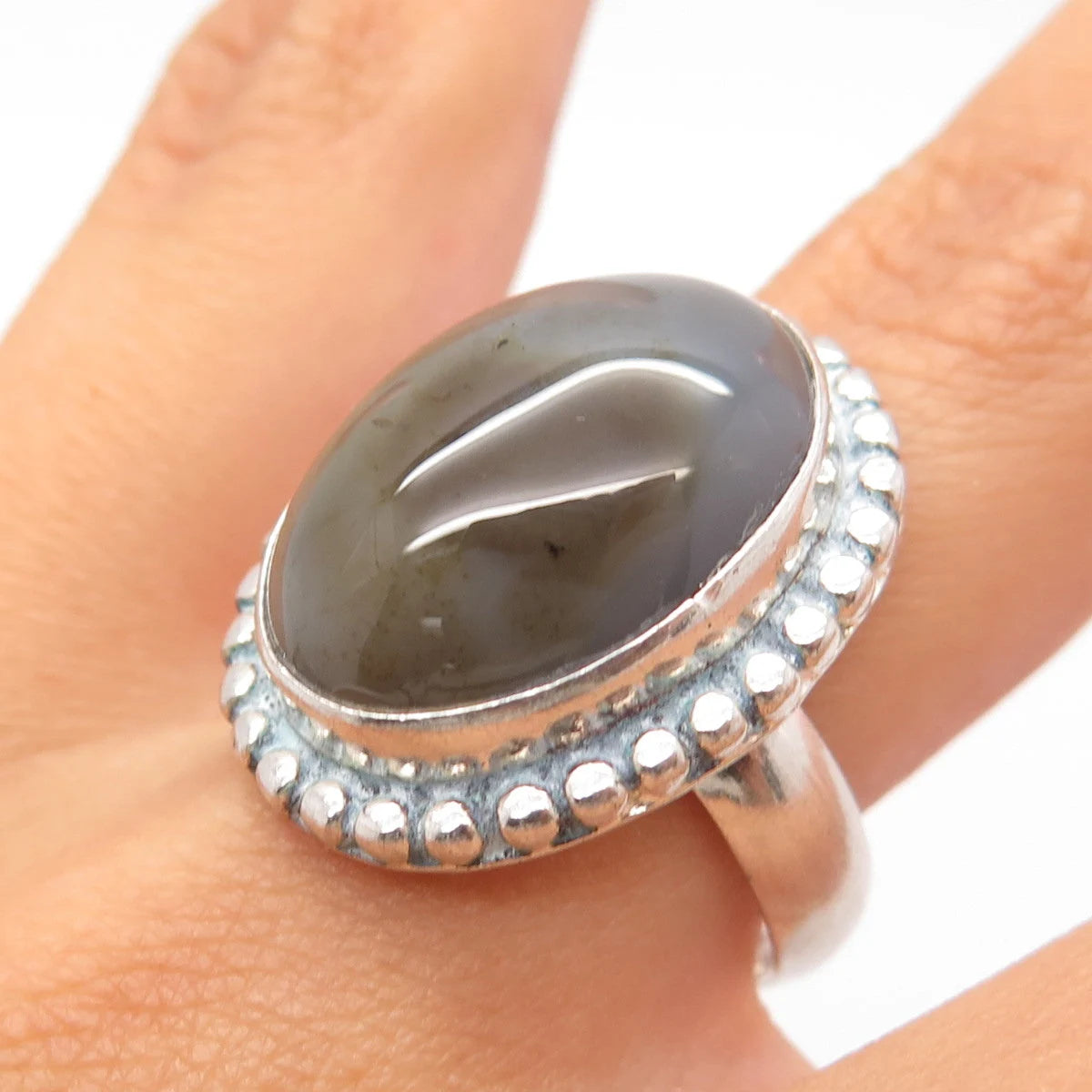 925 Sterling Silver Vintage Real Agate Gem Beaded Oval Ring Size 8.25