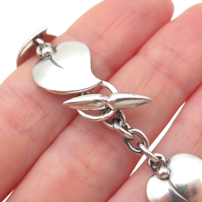 830 Silver Vintage Modernist Floral Heart Link Oxidized Bracelet 7"