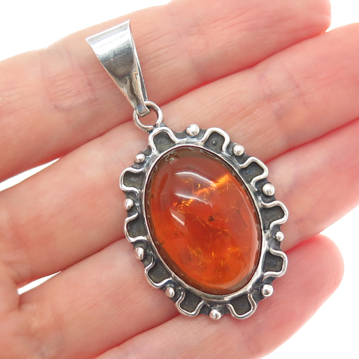 925 Sterling Silver Vintage Mexico Real Amber Modernist Oxidized Charm Pendant