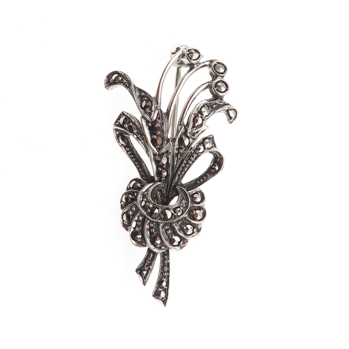 835 Silver Antique Art Deco Real Marcasite Floral Oxidized Pin Brooch