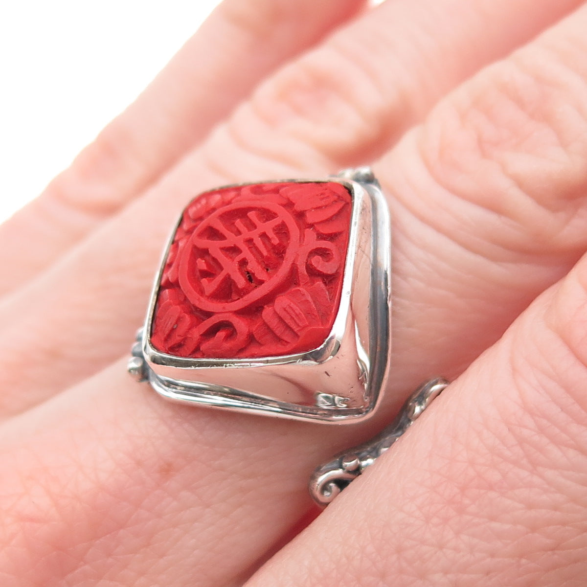 Sajen 925 Sterling Vintage Cinnabar Chinese Longevity Adjustable Ring Size 7.5