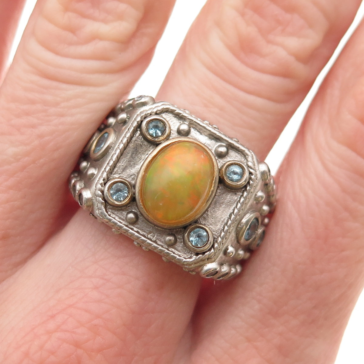 925 Sterling Silver Real Opal Blue Topaz & C Z Ring Size 9.25