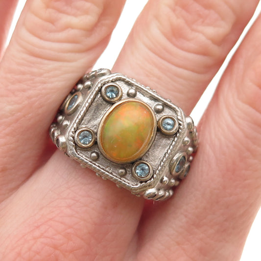 925 Sterling Silver Real Opal Blue Topaz & C Z Ring Size 9.25