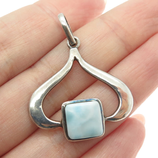 925 Sterling Silver Vintage Real Larimar Gemstone Modernist Pendant