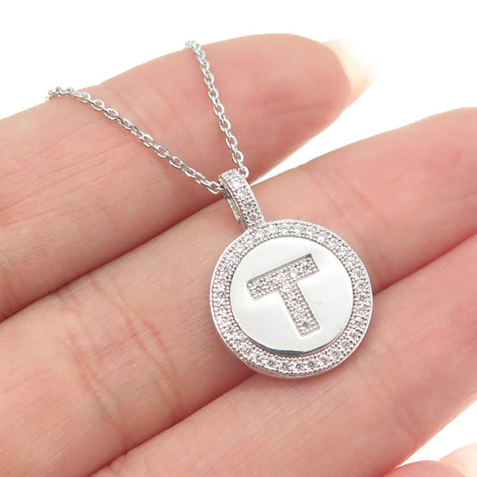 925 Sterling Silver Italy Pave C Z Letter "T" Initial Cable Chain Necklace 16"