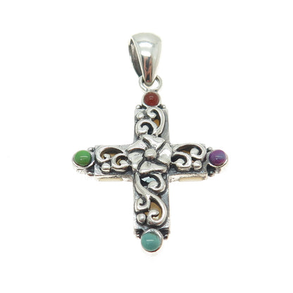 925 Sterling Silver Vintage Mother-of-Pearl & Multi-Gem Cross Dual Sided Pendant