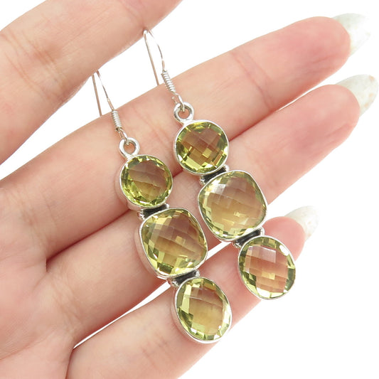 925 Sterling Silver Vintage Real Round Cushion Oval-Cut Citrine Dangle Earrings