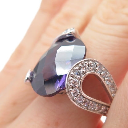 925 Sterling Silver Oval & Round-Cut Purple White C Z Overlap Ring Size 7.25