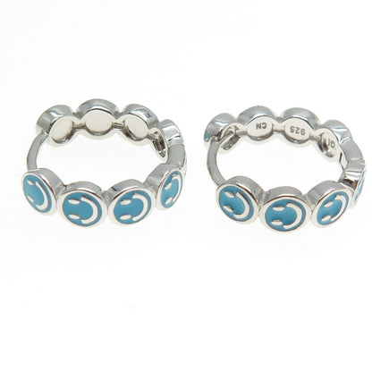 925 Sterling Silver Blue Enamel Smiley Face Huggie Earrings