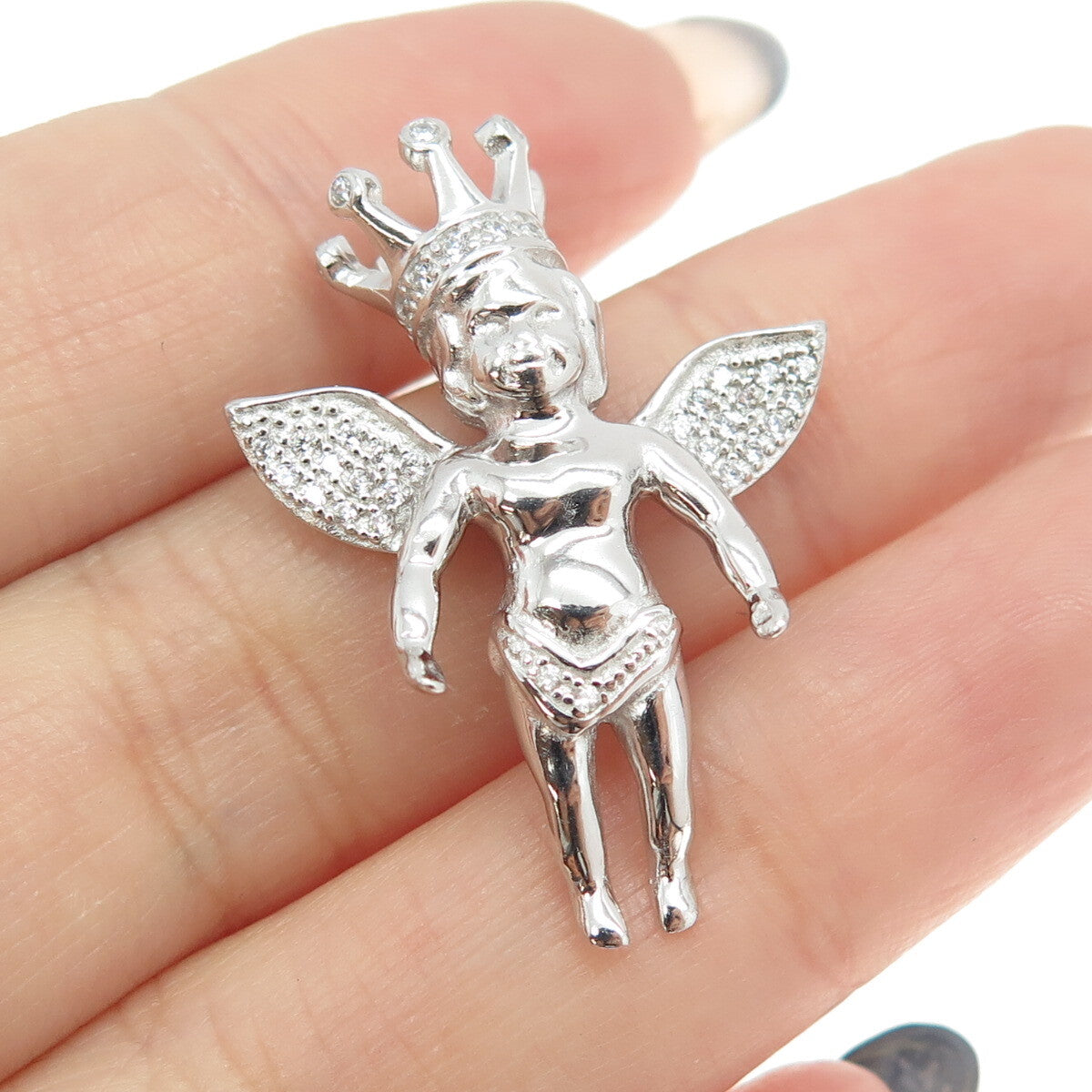 925 Sterling Silver Round-Cut C Z Crown Baby Angel Pendant