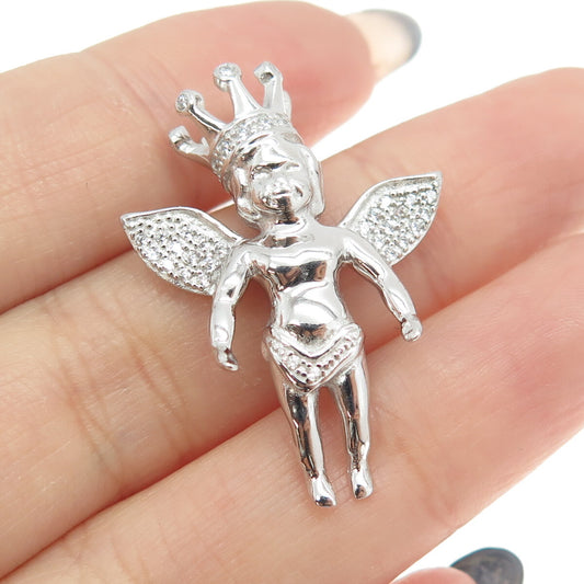 925 Sterling Silver Round-Cut C Z Crown Baby Angel Pendant