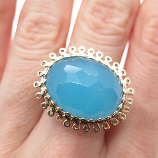925 Sterling Silver 2-Tone Vintage Real Blue Chalcedony Flower Ring Size 7