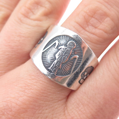 925 Sterling Silver Vintage Mexico Santa Muerte Oxidized Ring Size 11.25