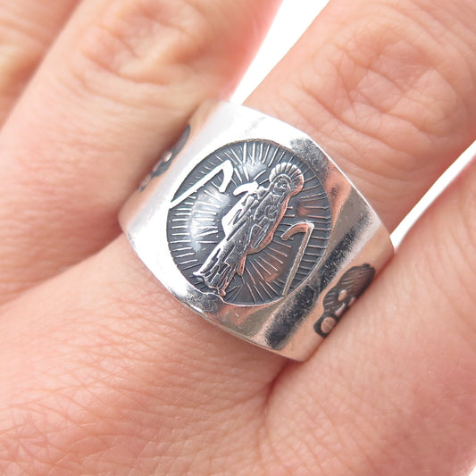 925 Sterling Silver Vintage Mexico Santa Muerte Oxidized Ring Size 11.25