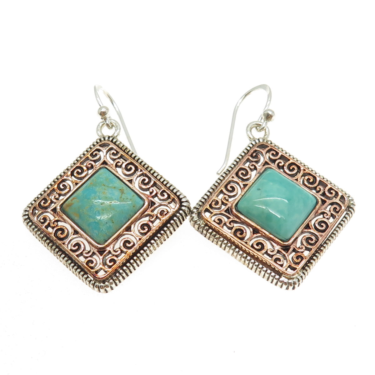 BARSE 925 Sterling Silver 2-Tone Vintage Real Turquoise Ornate Dangling Earrings