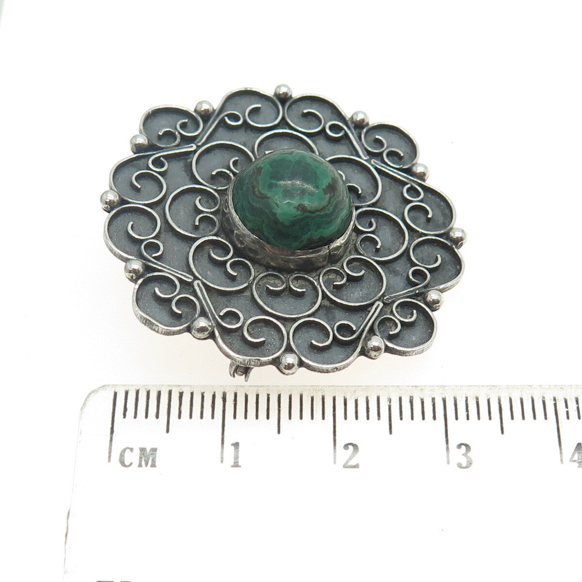 925 Sterling Silver Vintage Real Malachite Floral Ornate Pin Brooch