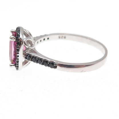 925 Sterling Silver Real Pink Tourmaline & Black Spinel Ring Size 12