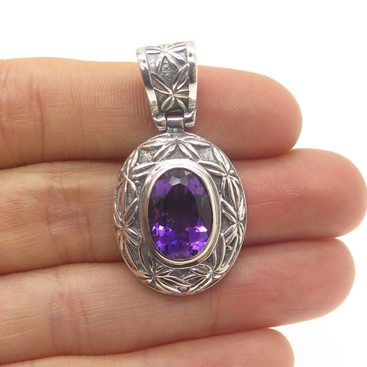 925 Sterling Silver Vintage Real Amethyst Floral Ornate Oxidized Pendant