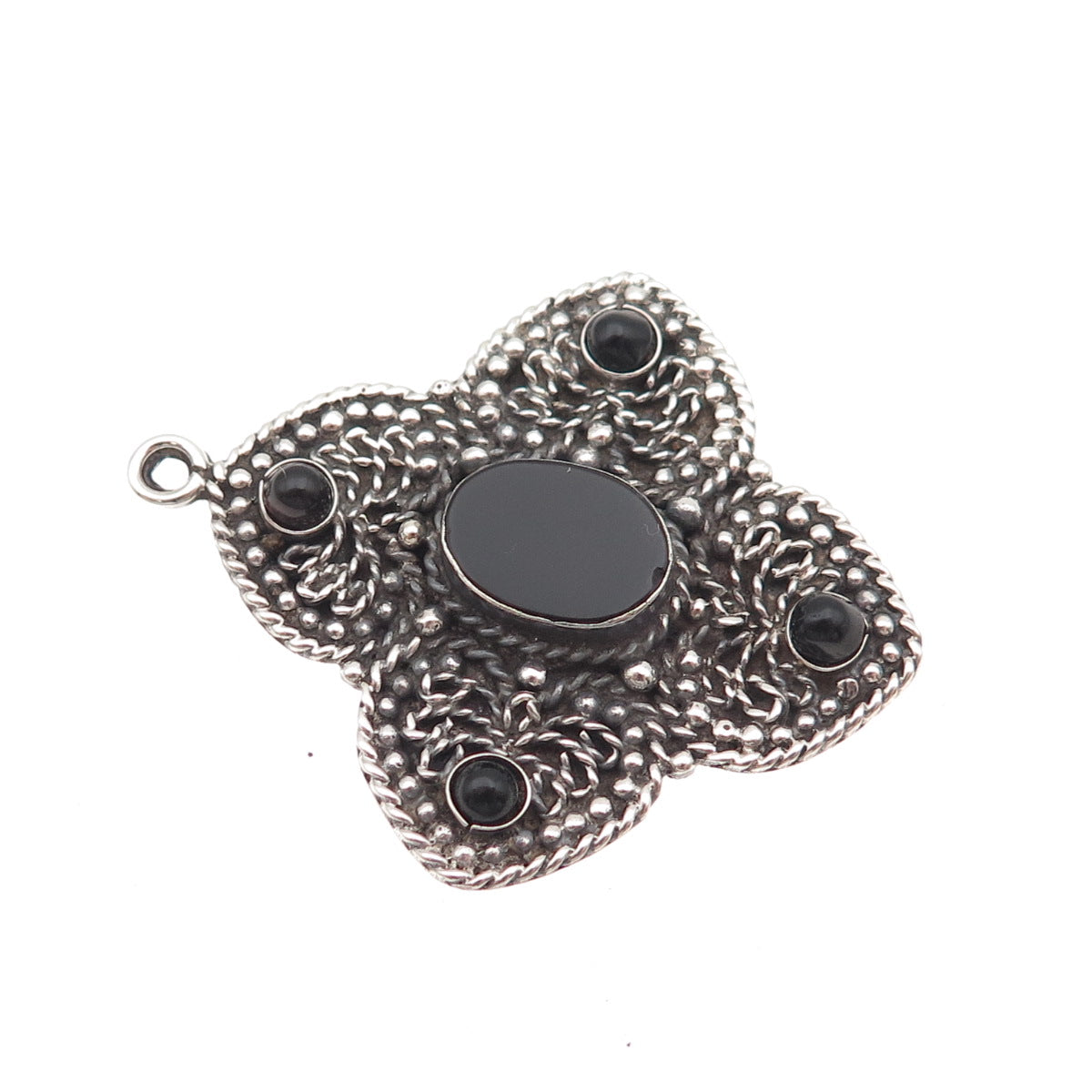 925 Sterling Silver Vintage Real Black Onyx Cross Oxidized Charm Pendant