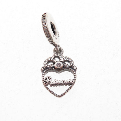 Pandora 925 Sterling Silver Round-Cut C Z Princess Crown Heart Dangle Charm