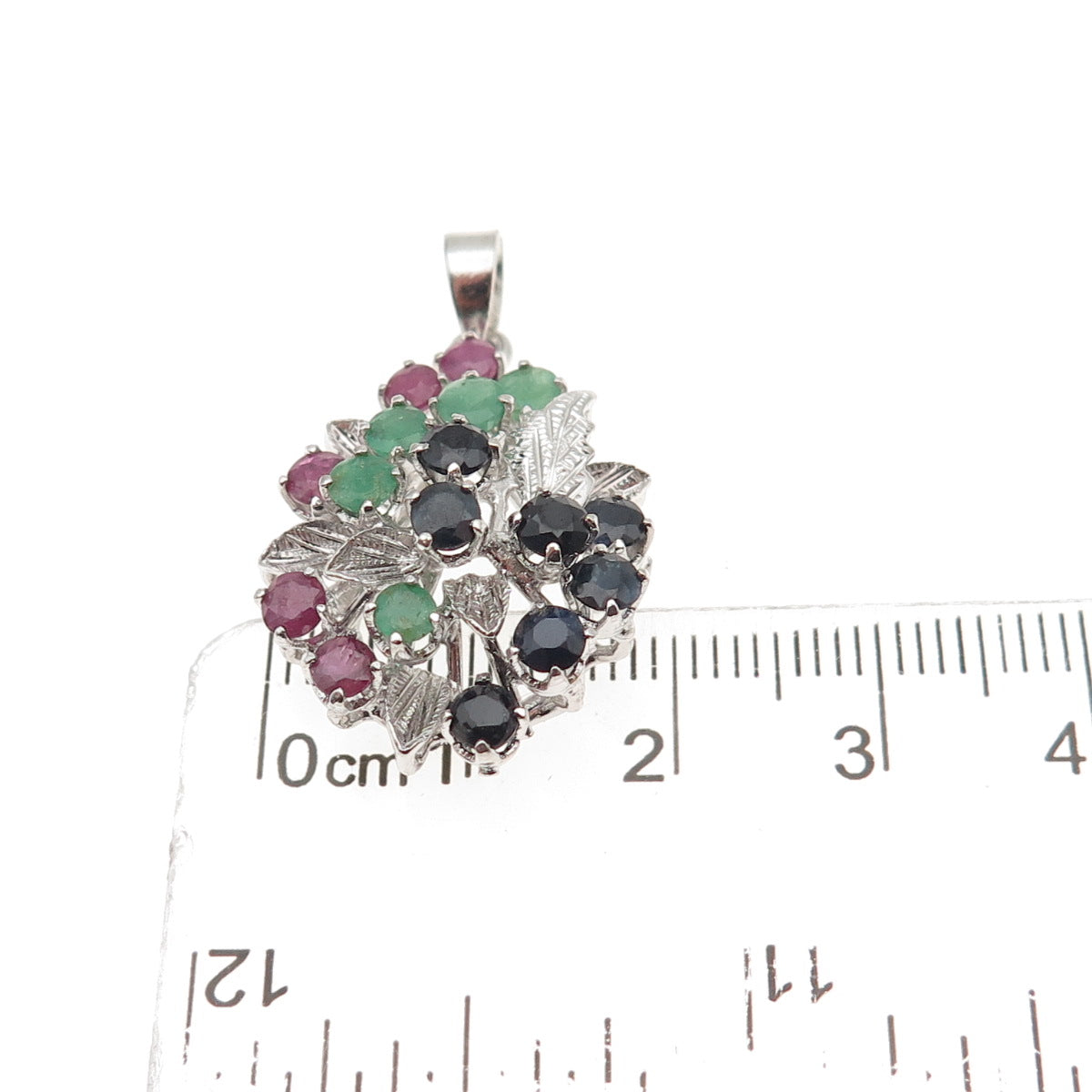 925 Sterling Silver Vintage Real Ruby Emerald & Sapphire Floral Charm Pendant