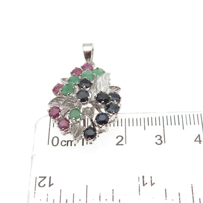 925 Sterling Silver Vintage Real Ruby Emerald & Sapphire Floral Charm Pendant