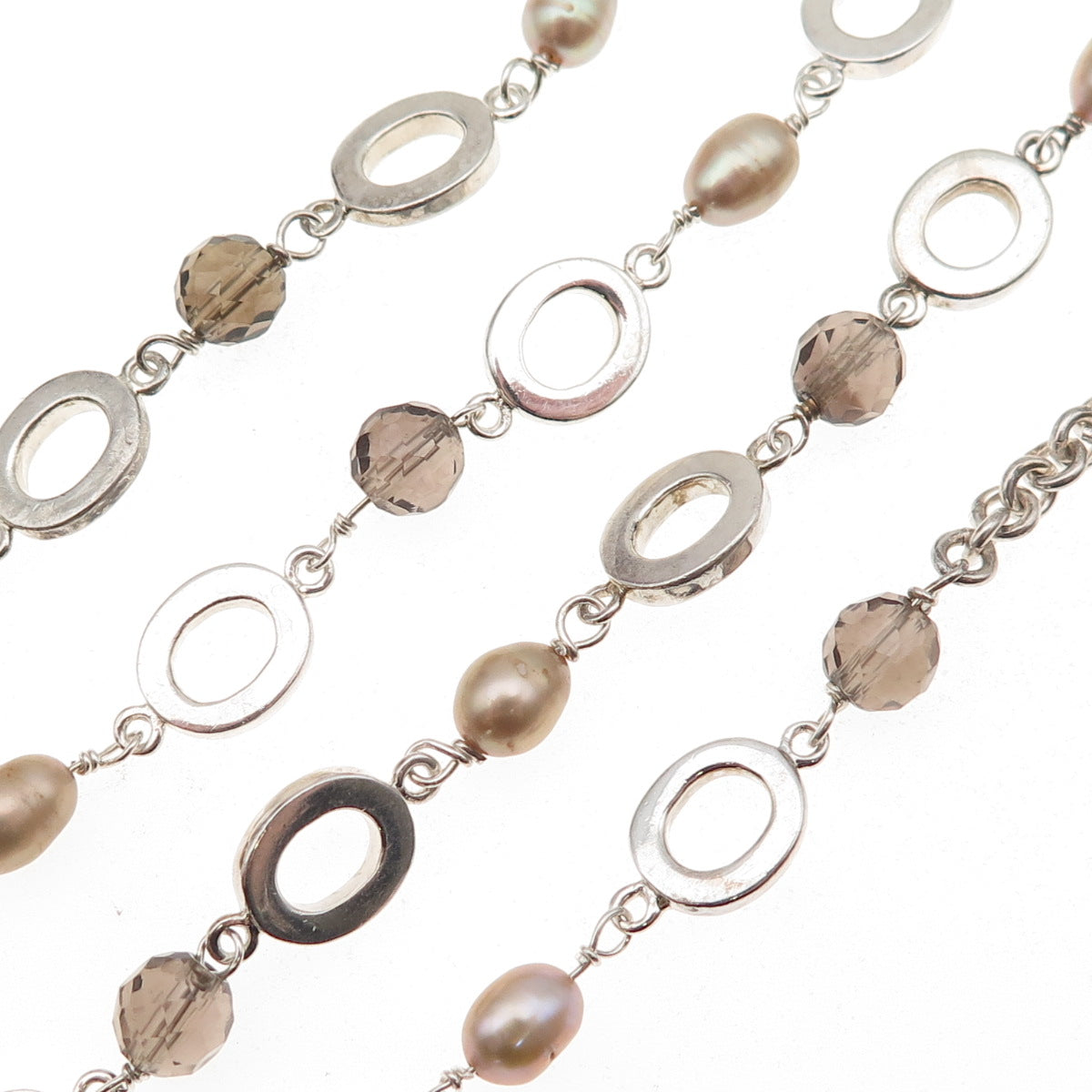 925 Sterling Silver Vintage Real Pearl & Smoky Quartz Beaded Chain Necklace 20"