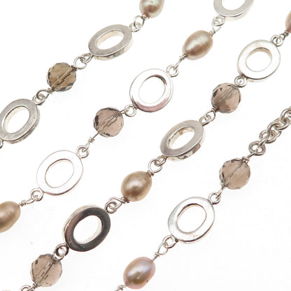 925 Sterling Silver Vintage Real Pearl & Smoky Quartz Beaded Chain Necklace 20"