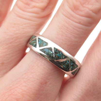 Old Pawn 925 Sterling Silver Vintage Turquoise Inlay Tribal Band Ring Size 9.75