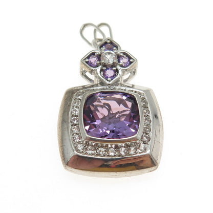 SAI 925 Sterling Silver Vintage Real White Sapphire & Amethyst Gemstone Pendant