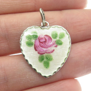 BEAU 925 Sterling Silver Antique Art Deco Enamel Rose Flower Heart Charm Pendant