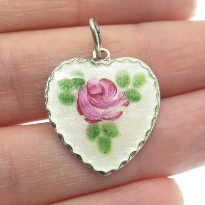 BEAU 925 Sterling Silver Antique Art Deco Enamel Rose Flower Heart Charm Pendant