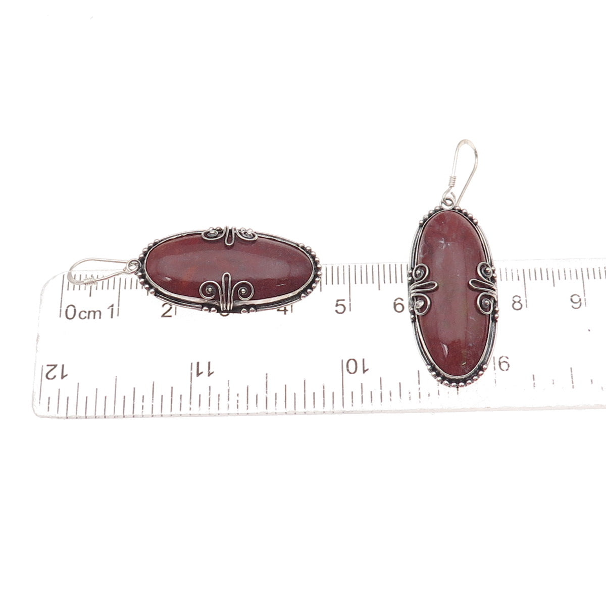 925 Sterling Silver Vintage Real Red Jasper Floral Oxidized Dangle Earrings