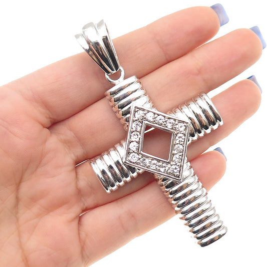 925 Sterling Silver Round-Cut C Z Ribbed Cross Large Pendant