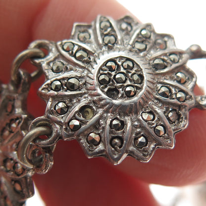 925 Sterling Silver Antique Marcasite Flower Link Bracelet 7" (missing 4 stones)