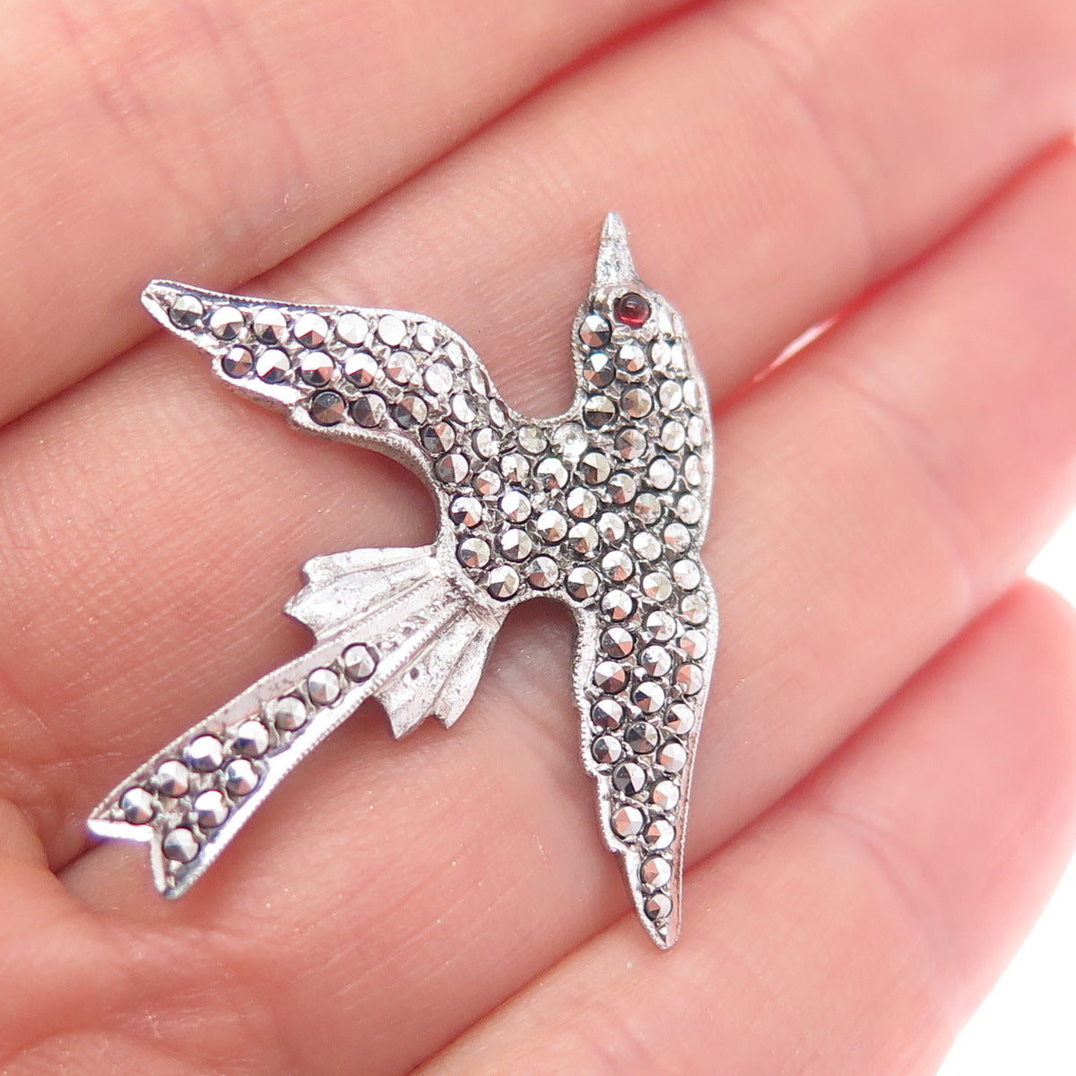 925 Sterling Silver Antique Marcasite & Garnet Holy Spirit Pin (missing 1 stone)