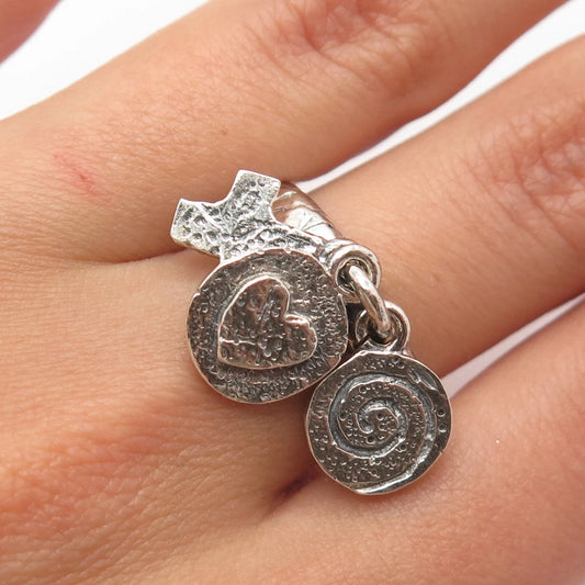 925 Sterling Silver Vintage Hammered Assorted Charms Band Ring Size 9.25