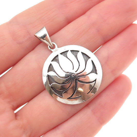 925 Sterling Silver Vintage Lotus Flower Oxidized Disc Charm Pendant